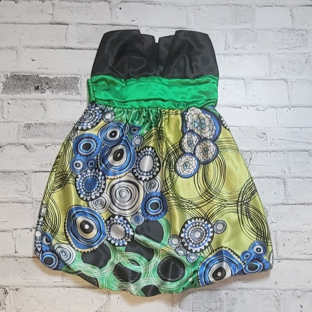Y2K Mi*in Green Blue Strapless Satin Paisley Dress Small